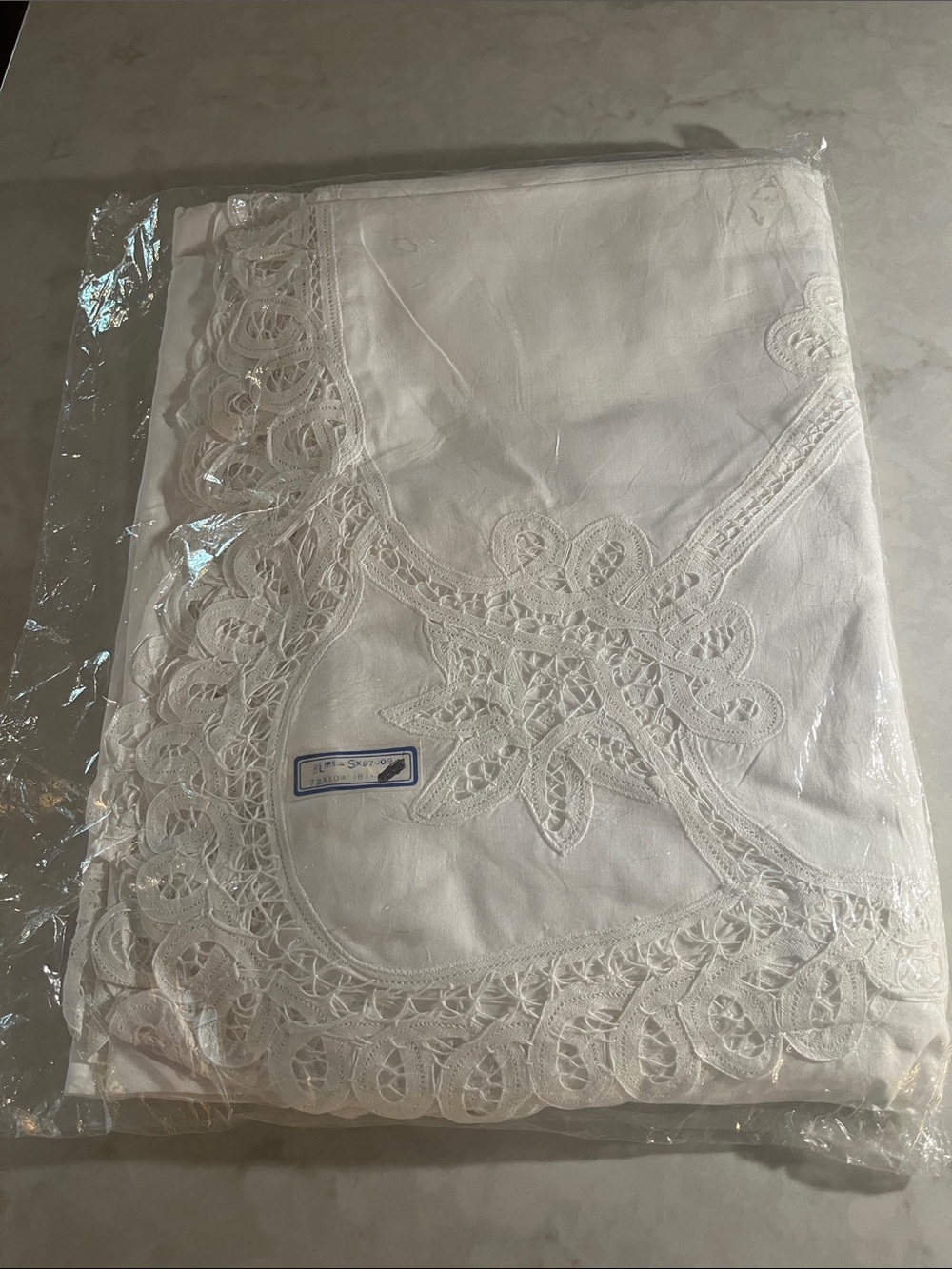 NEW old stock Cut Work Tablecloth with Lace and linen 72” x 108 great gift